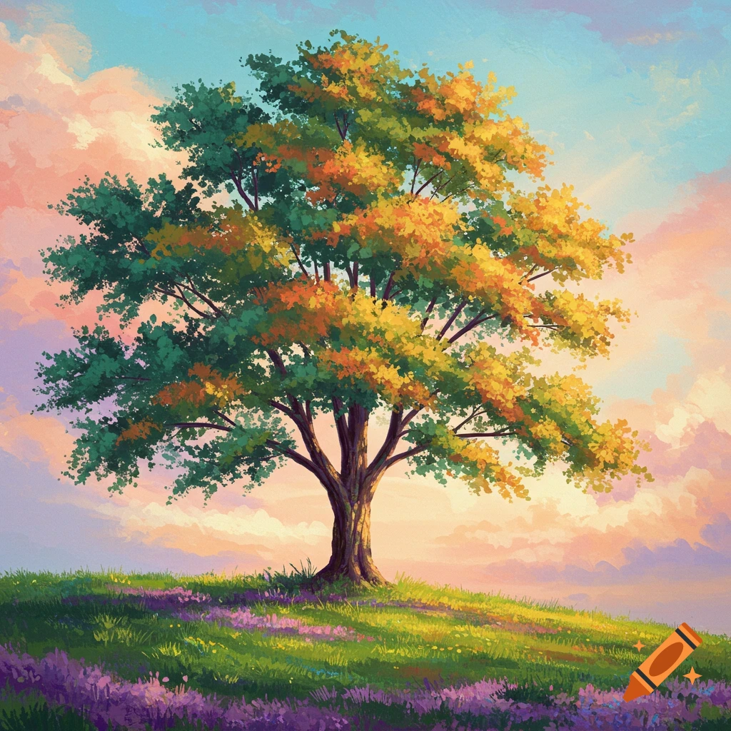 An impressionistic painting of a colorful tree on a grassy hill with purple flowers under a pastel sky.