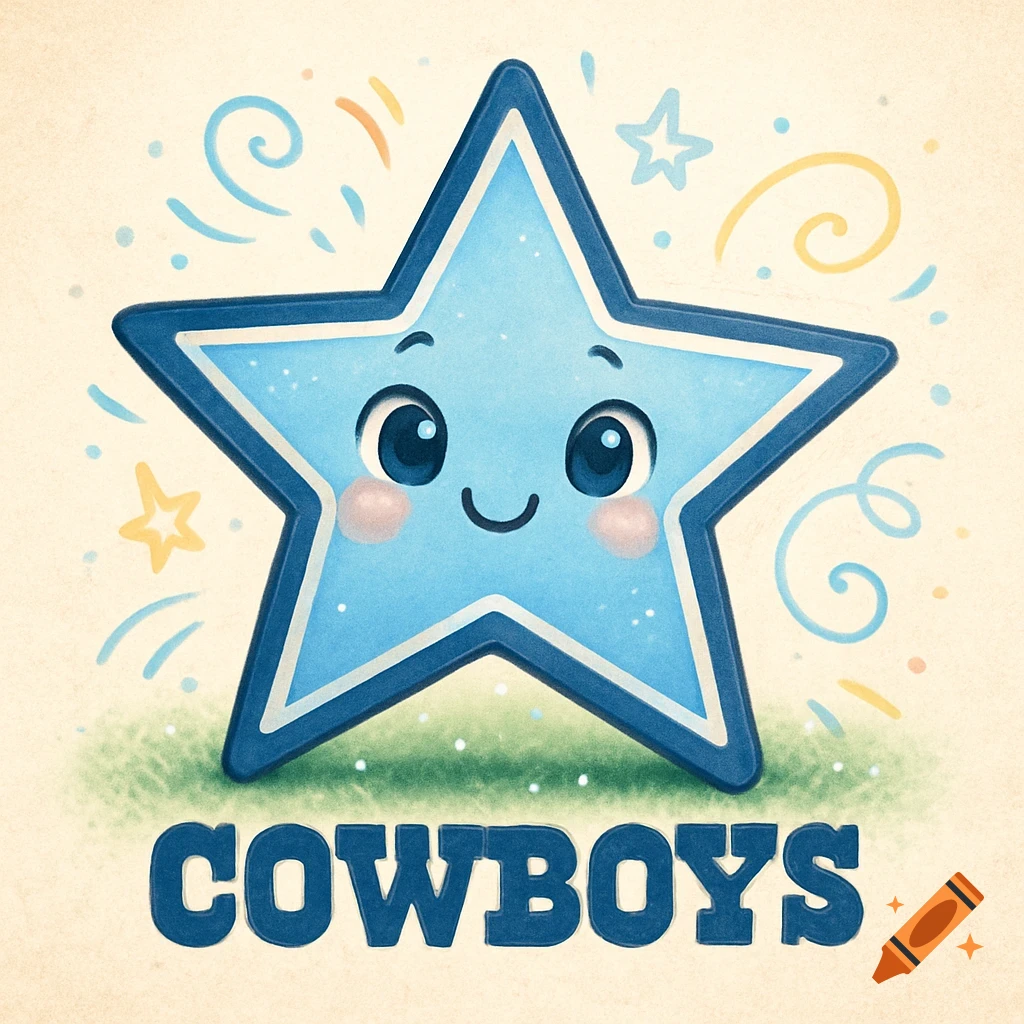 A cute cartoon blue star with a smiling face and blush on its cheeks, with the word COWBOYS in blue letters below it, against a cream background.