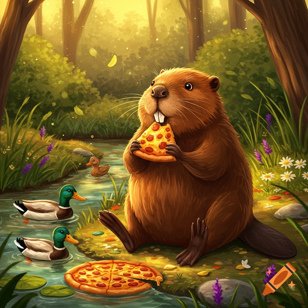 A cartoon beaver eats pizza by a forest stream with ducks swimming nearby.