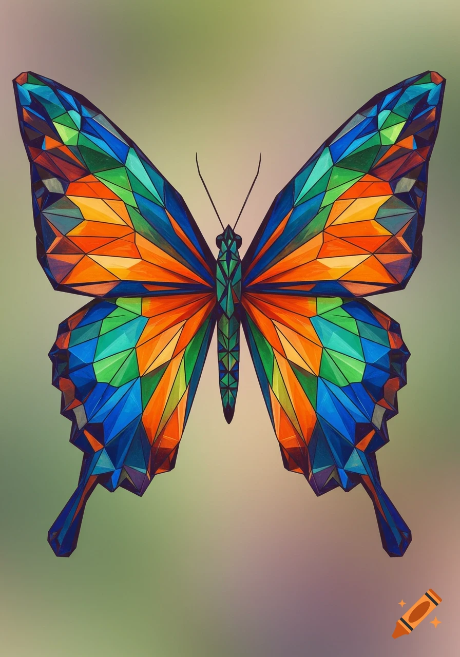 A colorful geometric butterfly with blue, green, and orange segments, resembling stained glass, against a soft gradient background.