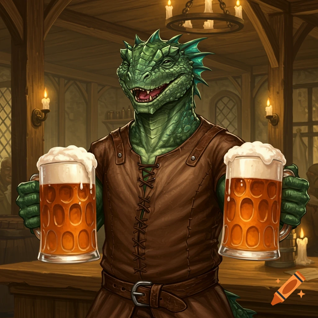 A green reptilian Argonian in a tavern holds two foamy beer mugs, smiling in a detailed fantasy art style.