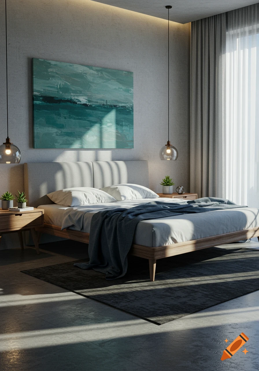 A modern bedroom with a bed, nightstands, pendant lights, and a large abstract teal painting.