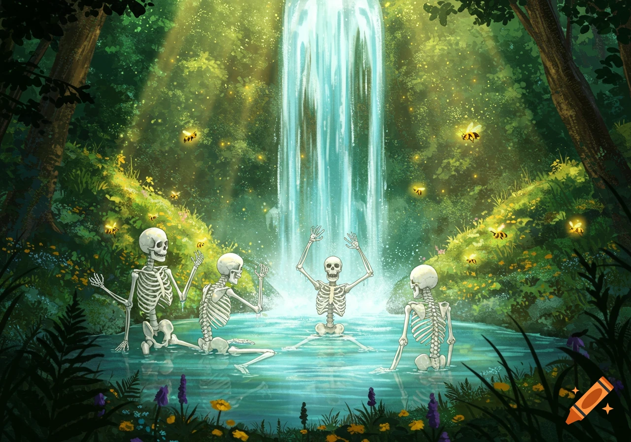 Four stylized skeletons relaxing and bathing in a bright, lush green forest waterfall, with glowing bees flying around.