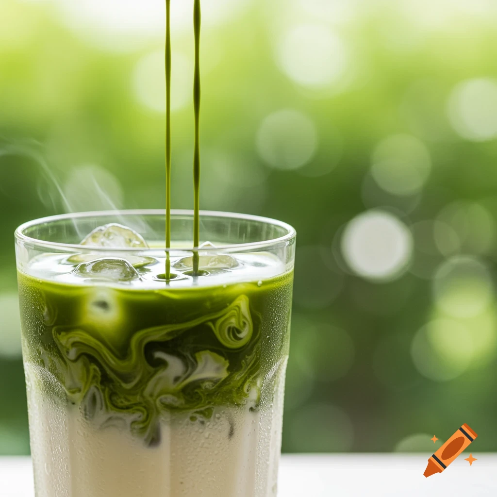 Green matcha liquid pours into a glass of iced milk, creating an iced matcha latte against a blurred green background. Photorealistic style.