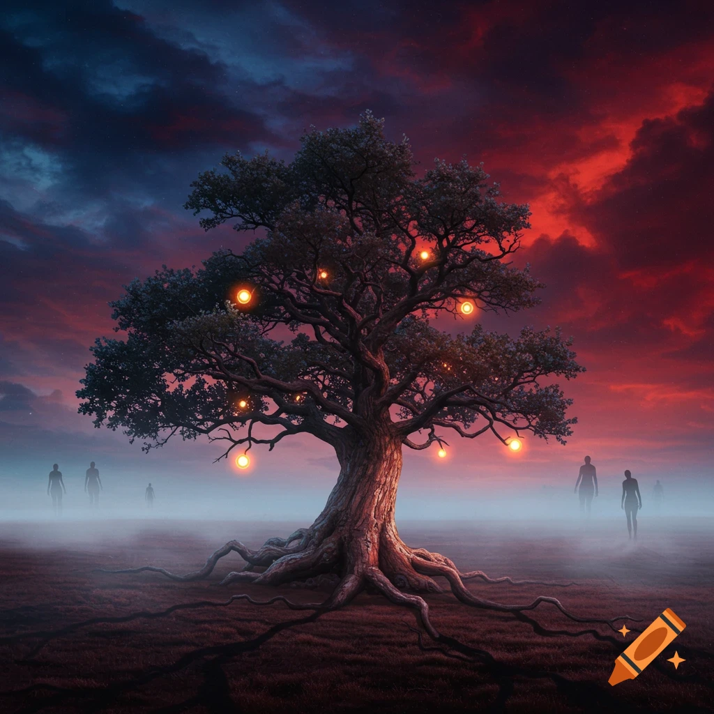 Mystical tree with glowing orbs in a misty landscape with shadowy figures under a dramatic red and blue sky.
