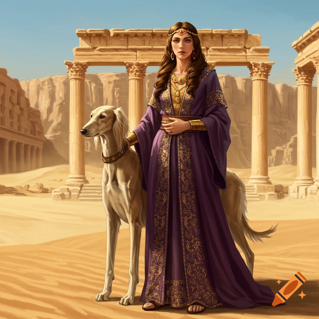 Queen Zenobia in a purple gown stands with a Saluki dog in ancient desert ruins.