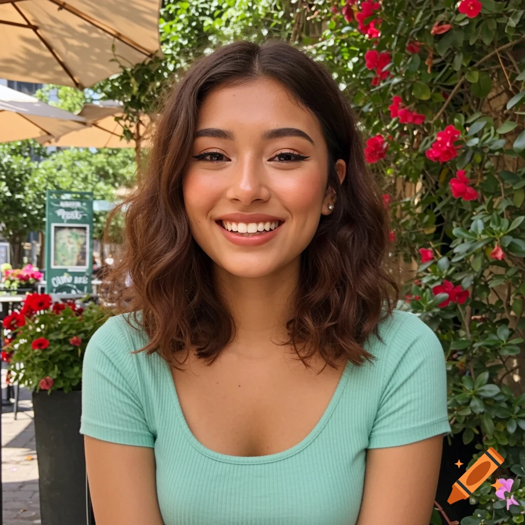 A young woman with brown wavy hair and a mint green top smiles at the camera, surrounded by red flowers and green foliage in an outdoor setting.
