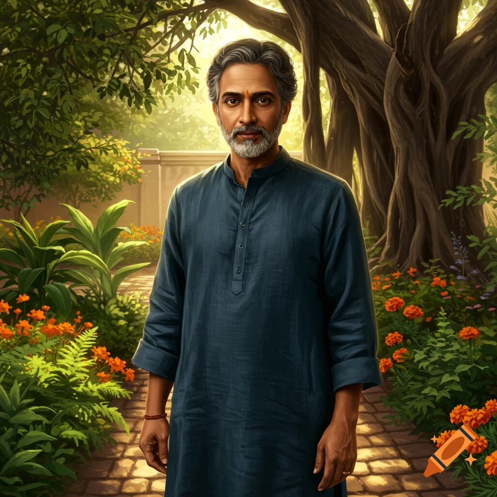 A man with gray hair and a beard in a dark blue kurta stands in a lush garden with orange flowers and a large tree.