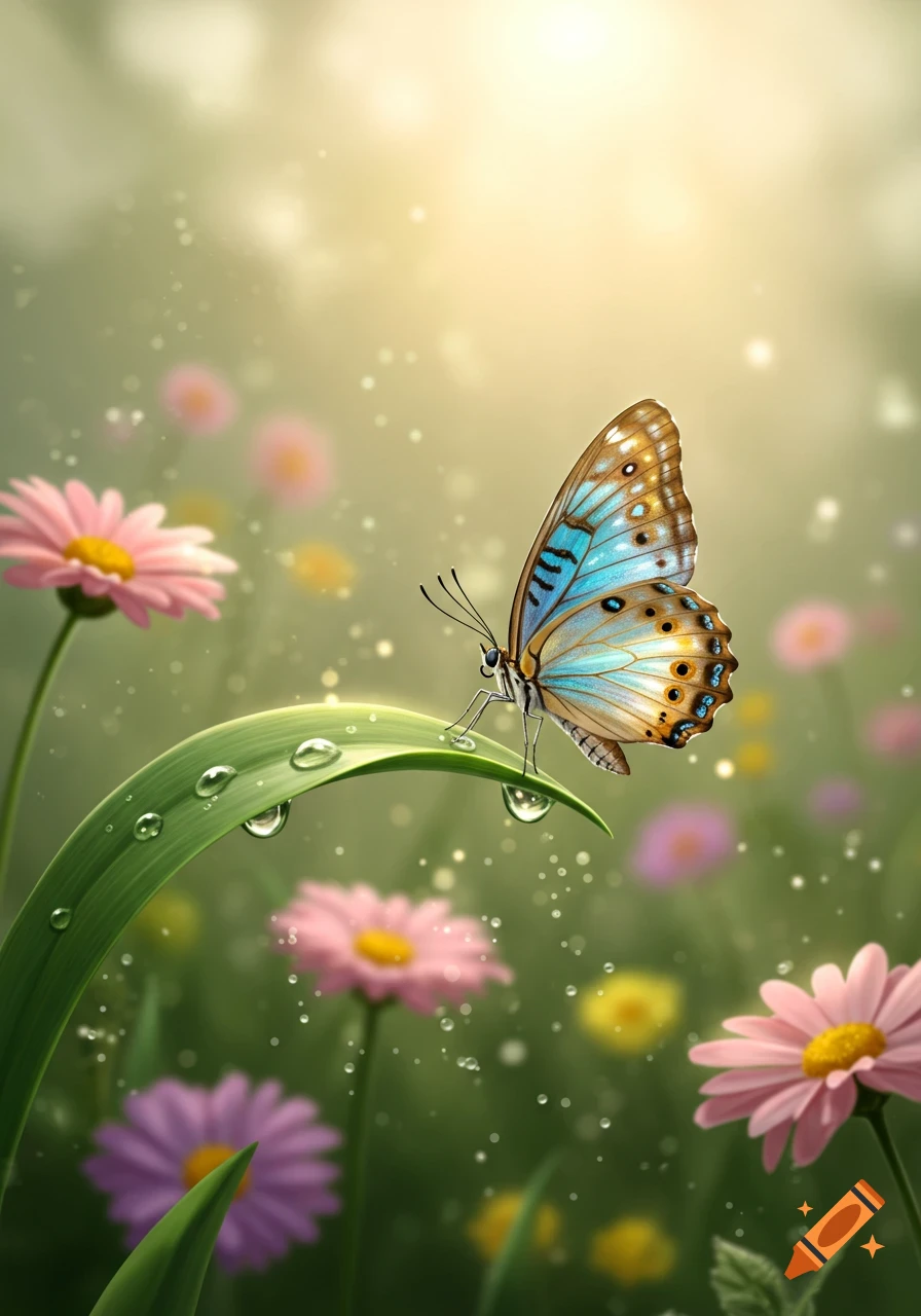 A blue and brown butterfly rests on a green leaf with water droplets, surrounded by soft pink flowers and shimmering light in a dreamy setting.