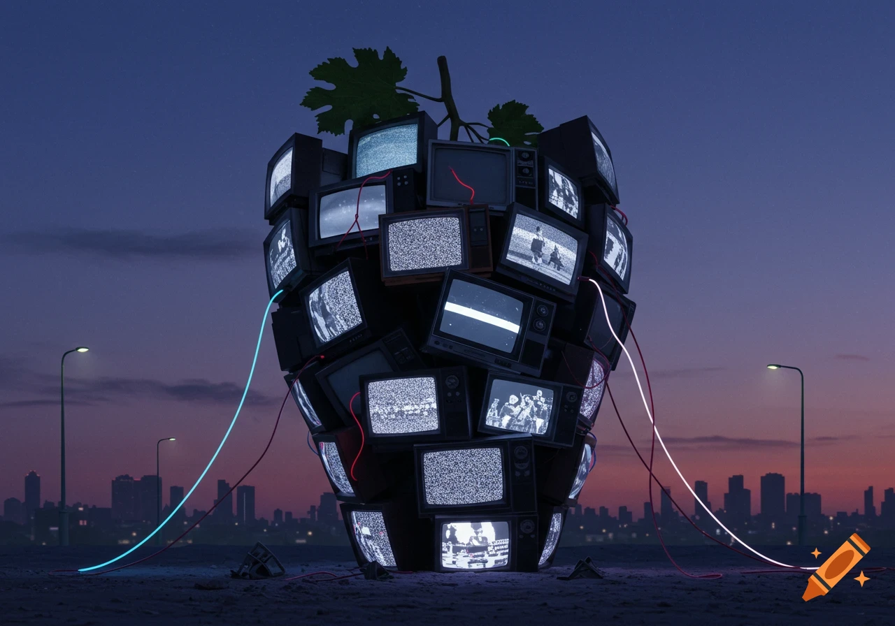 A sculptural grape cluster made of old TVs showing static and images, illuminated against a city skyline at dusk.
