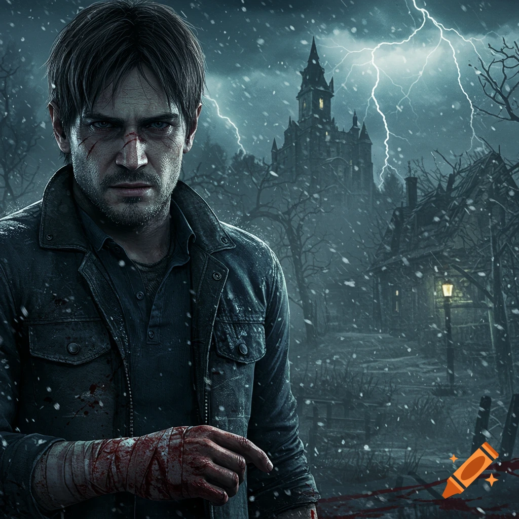 A stern man with facial scars and a bloody, bandaged hand stands in a snowy, stormy landscape with a gothic castle.