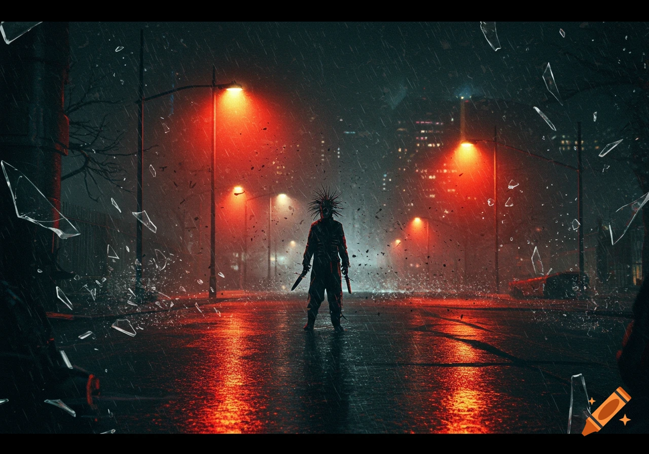 A menacing figure with spiky hair holds two knives in a dark, rain-soaked city street illuminated by red streetlights, with shattered glass flying around them.