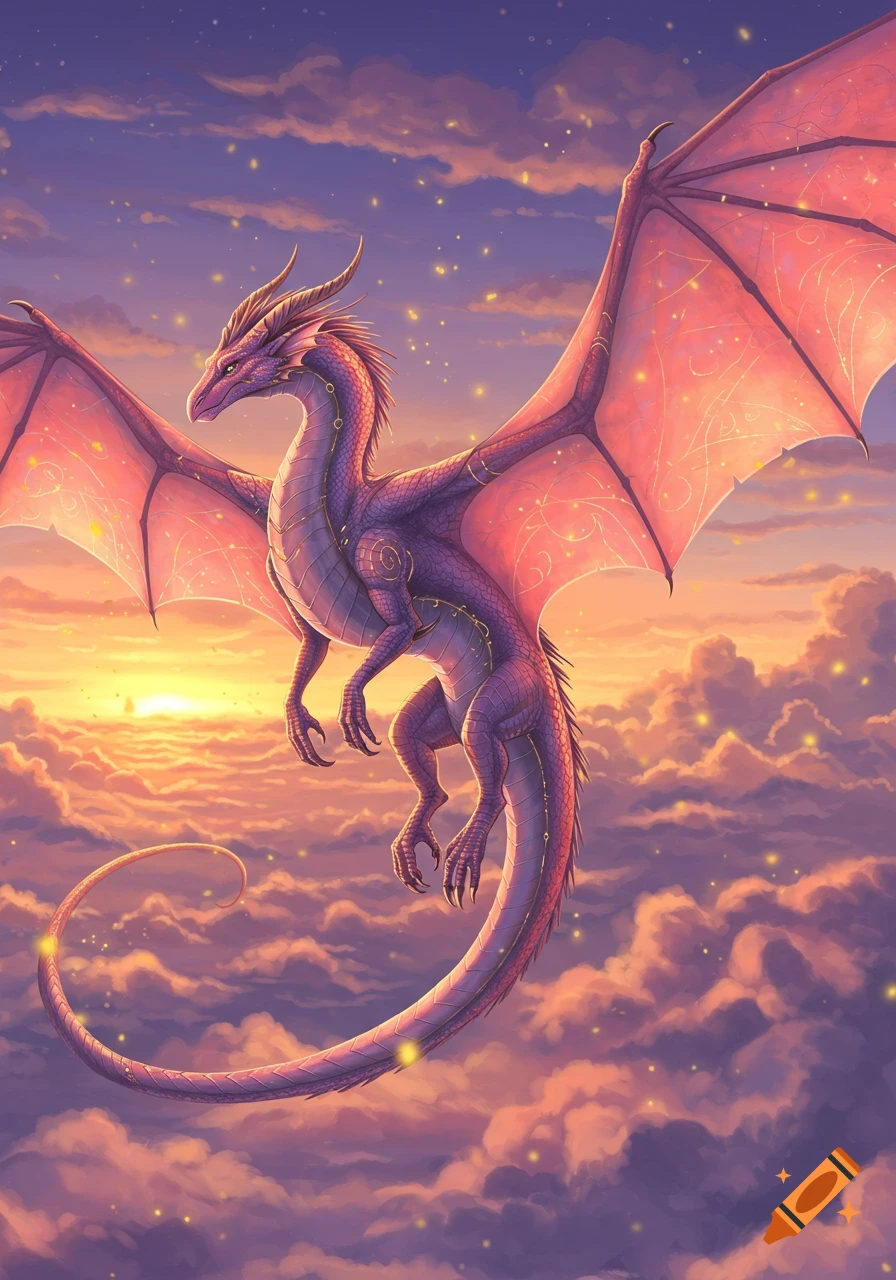 A purple dragon with pink wings and gold markings soars through a sunset sky filled with clouds and sparkling lights.