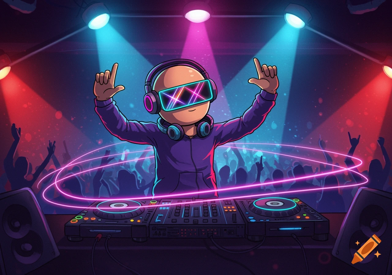 A cartoon DJ wearing VR glasses and headphones with raised hands behind a mixer, surrounded by neon lights and a crowd in a vibrant club.