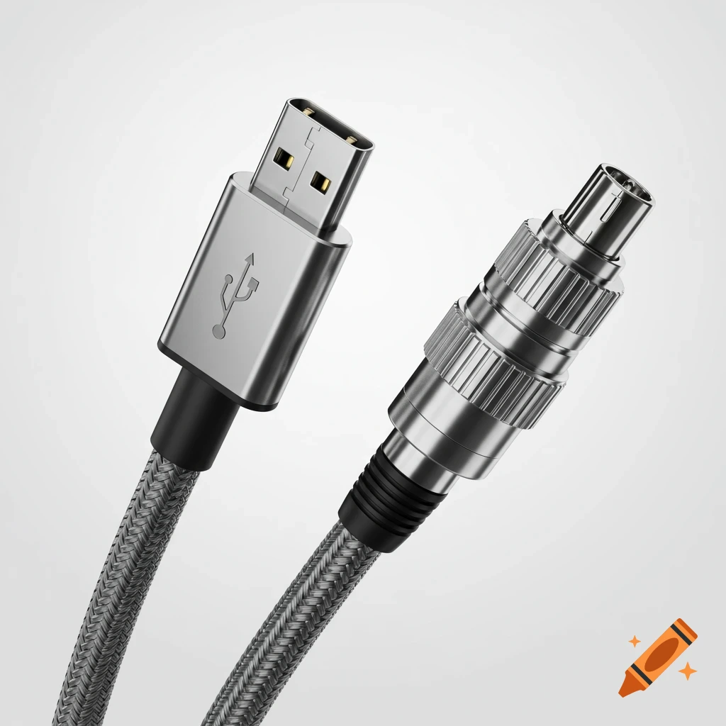 A close-up shot of a silver USB-A cable and a silver coaxial-like connector against a white background.