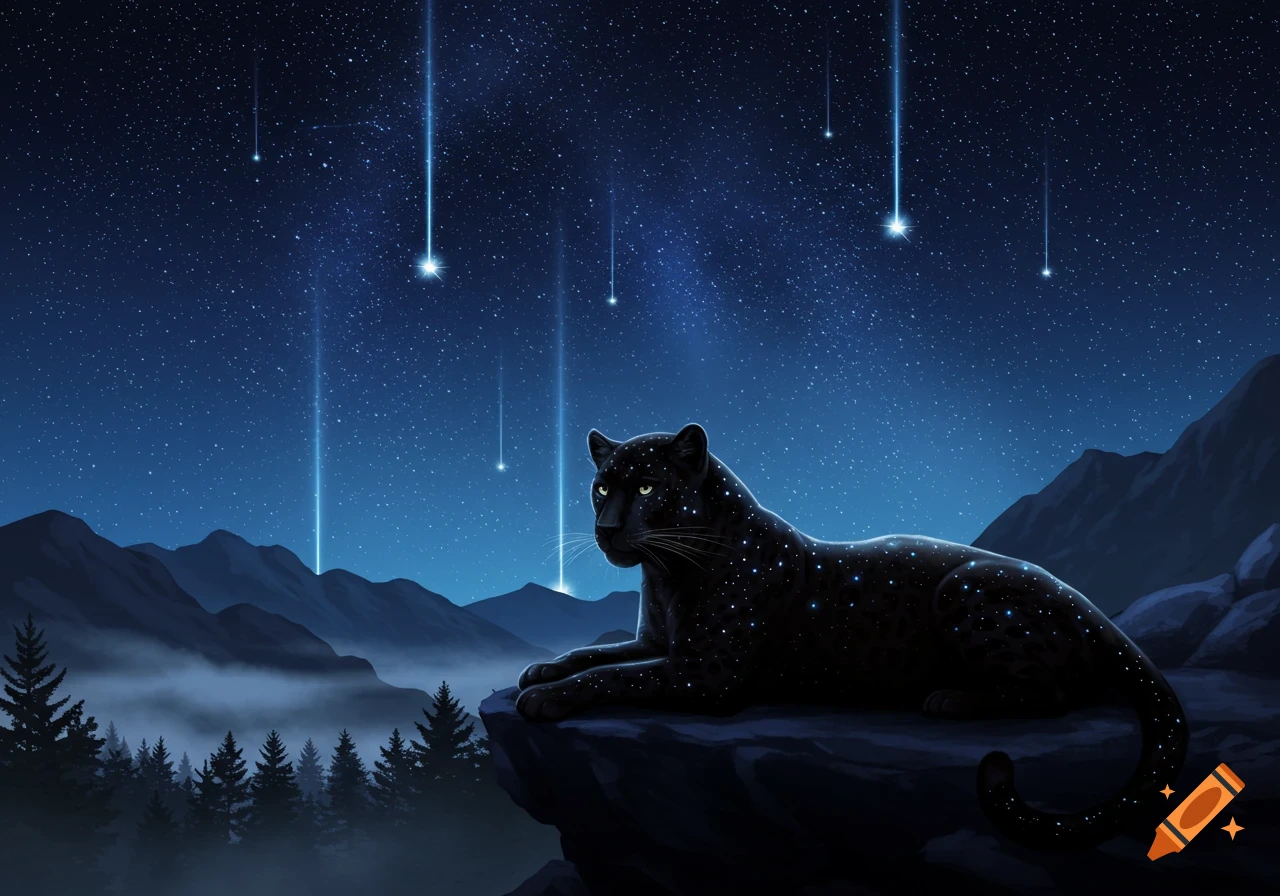 A black panther with glowing spots lies on a rock, looking at shooting stars in a dark blue, starry night sky above mountains.