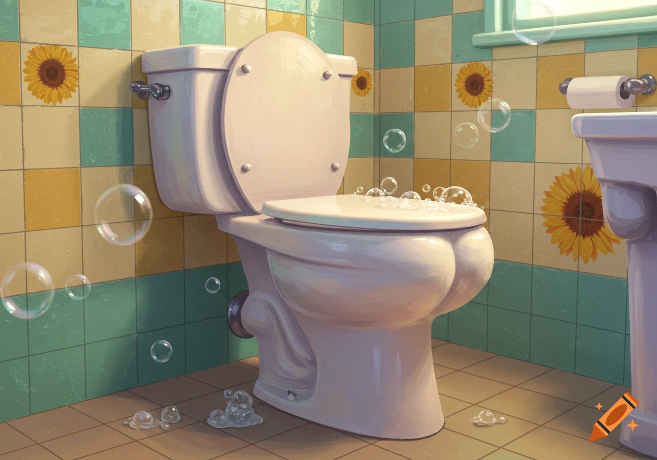A stylized toilet with a butt crack shape and bubbles floating in a bathroom with sunflower-patterned yellow and teal tiles.