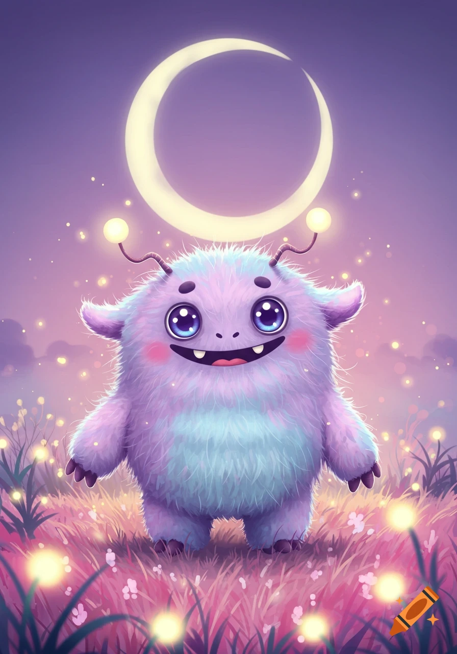 A cute, fluffy purple and blue monster with big blue eyes and glowing antennae stands in a magical field under a crescent moon.