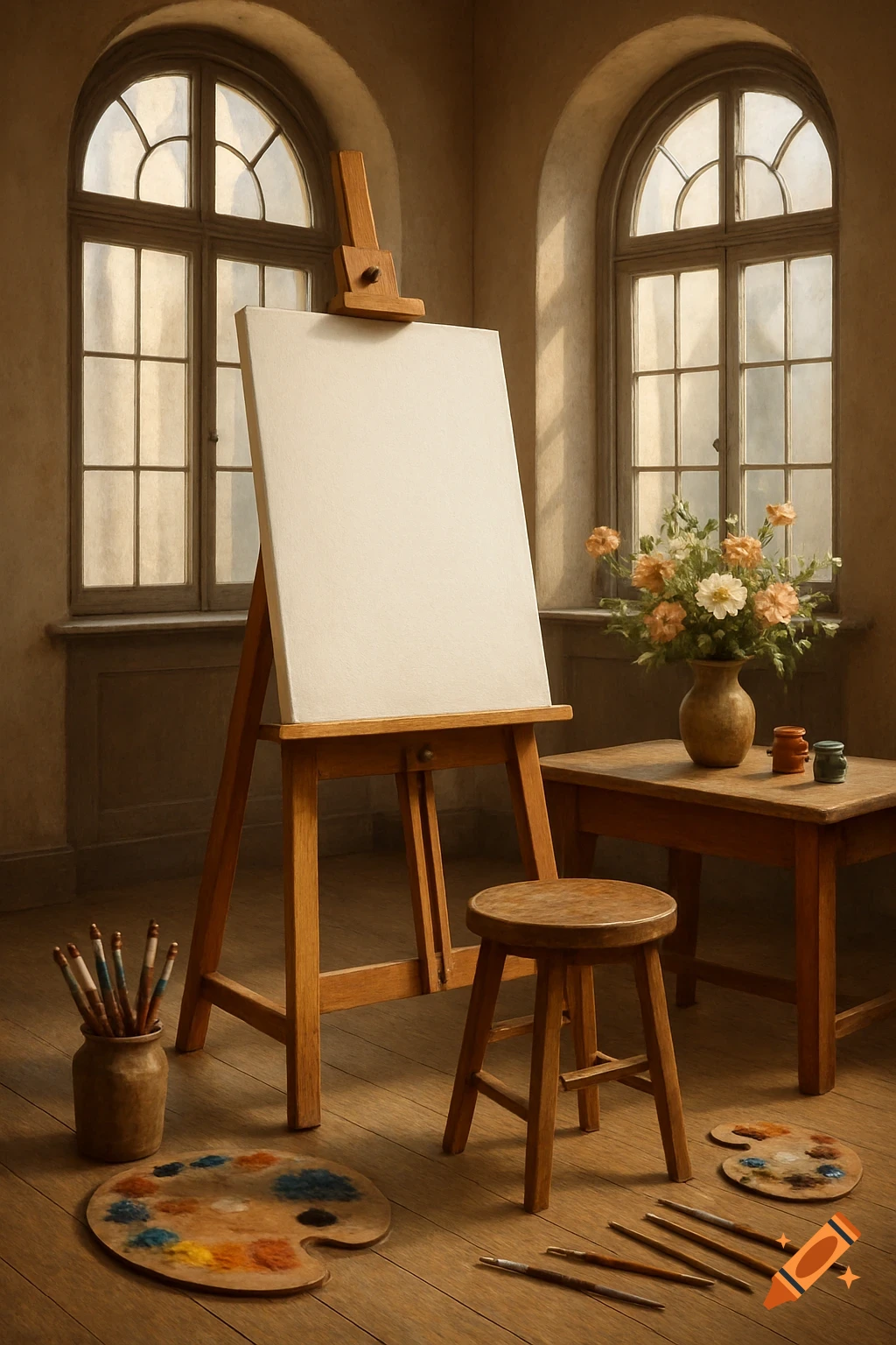 An artist's studio with an easel, blank canvas, wooden stool, table with flowers, paint palettes, and brushes by sunlit windows.