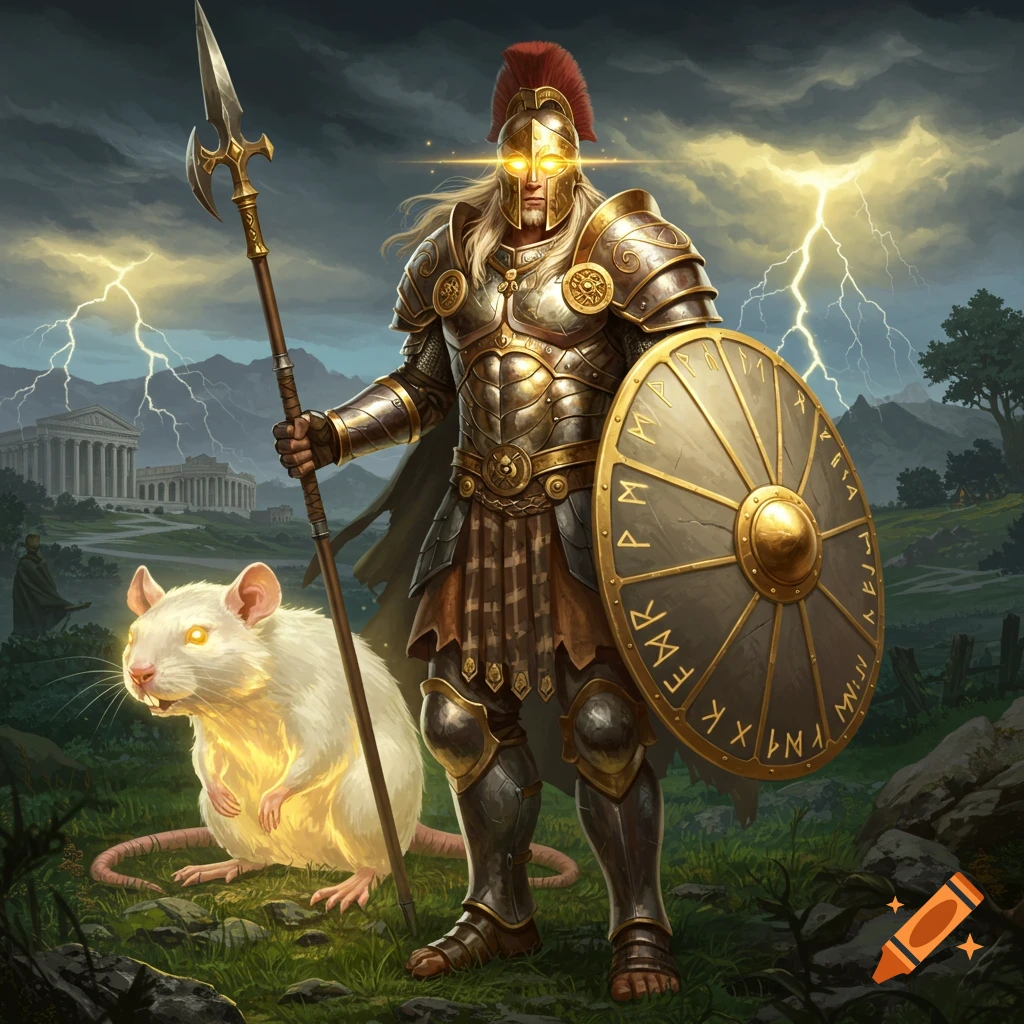 A powerful knight in golden armor with glowing eyes holds a spear and shield, standing with a glowing white rat. Lightning strikes in the stormy sky above a distant classical temple.