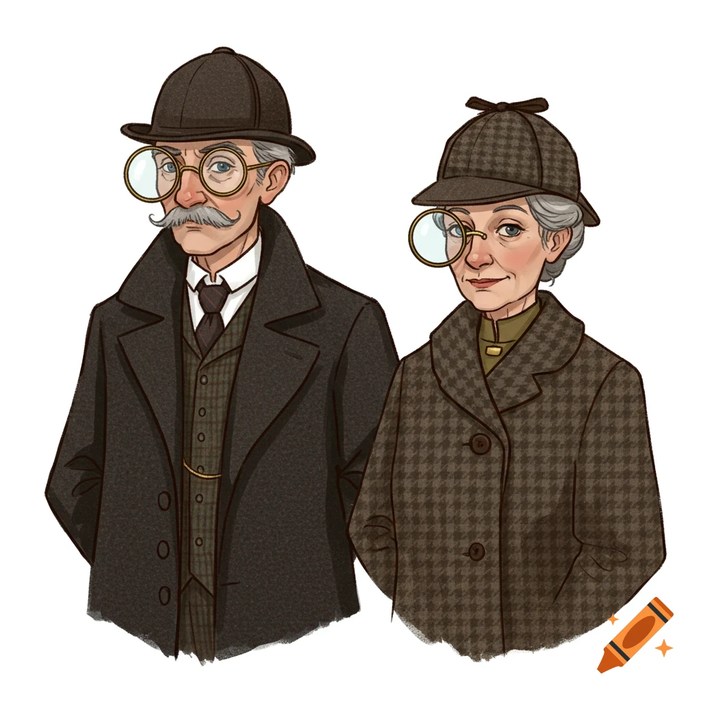 An elderly man and woman in Victorian-era detective attire, both wearing hats and monocles, on a white background.