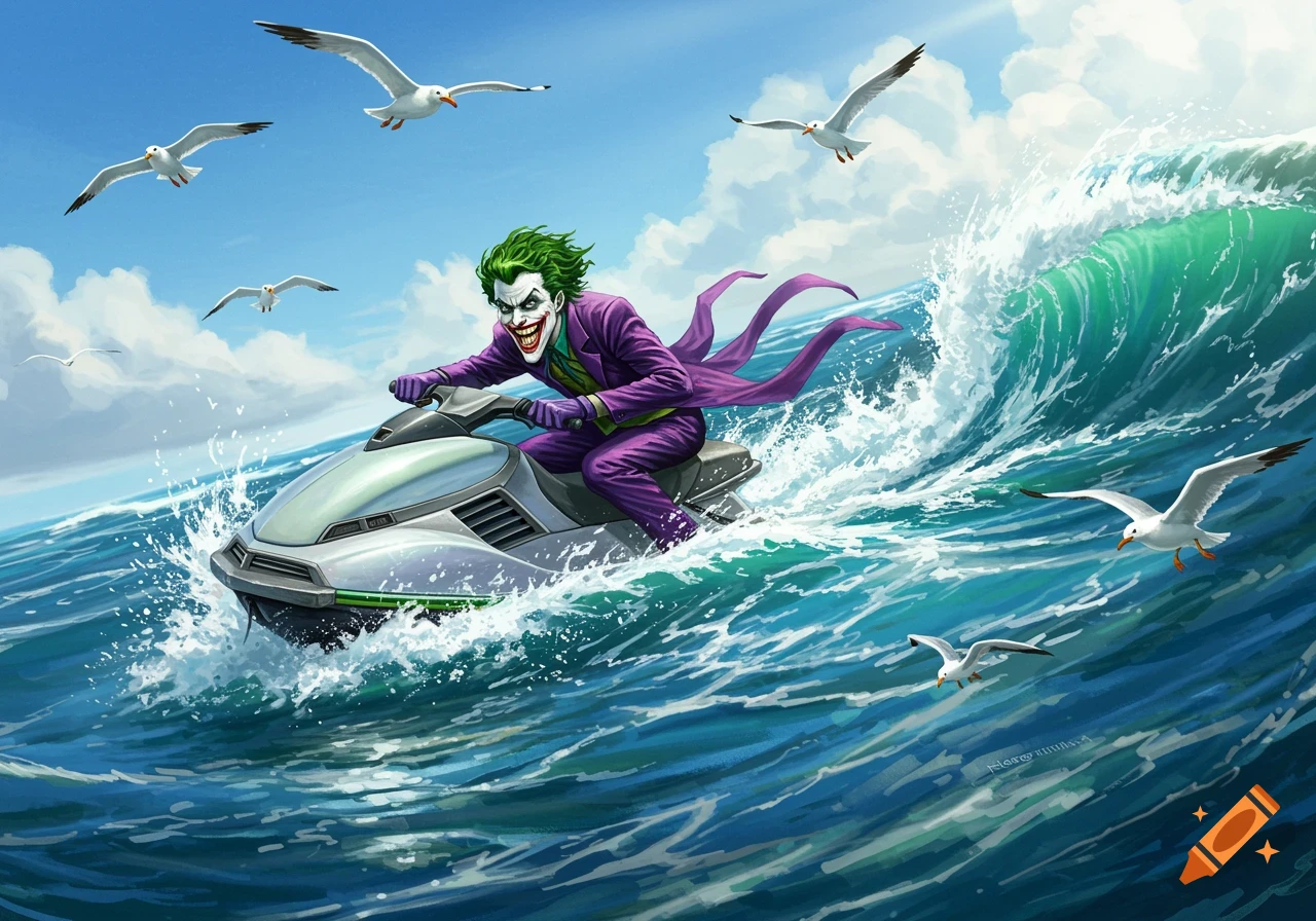 The Joker, with green hair and purple suit, rides a jet ski through large blue waves while seagulls fly overhead.