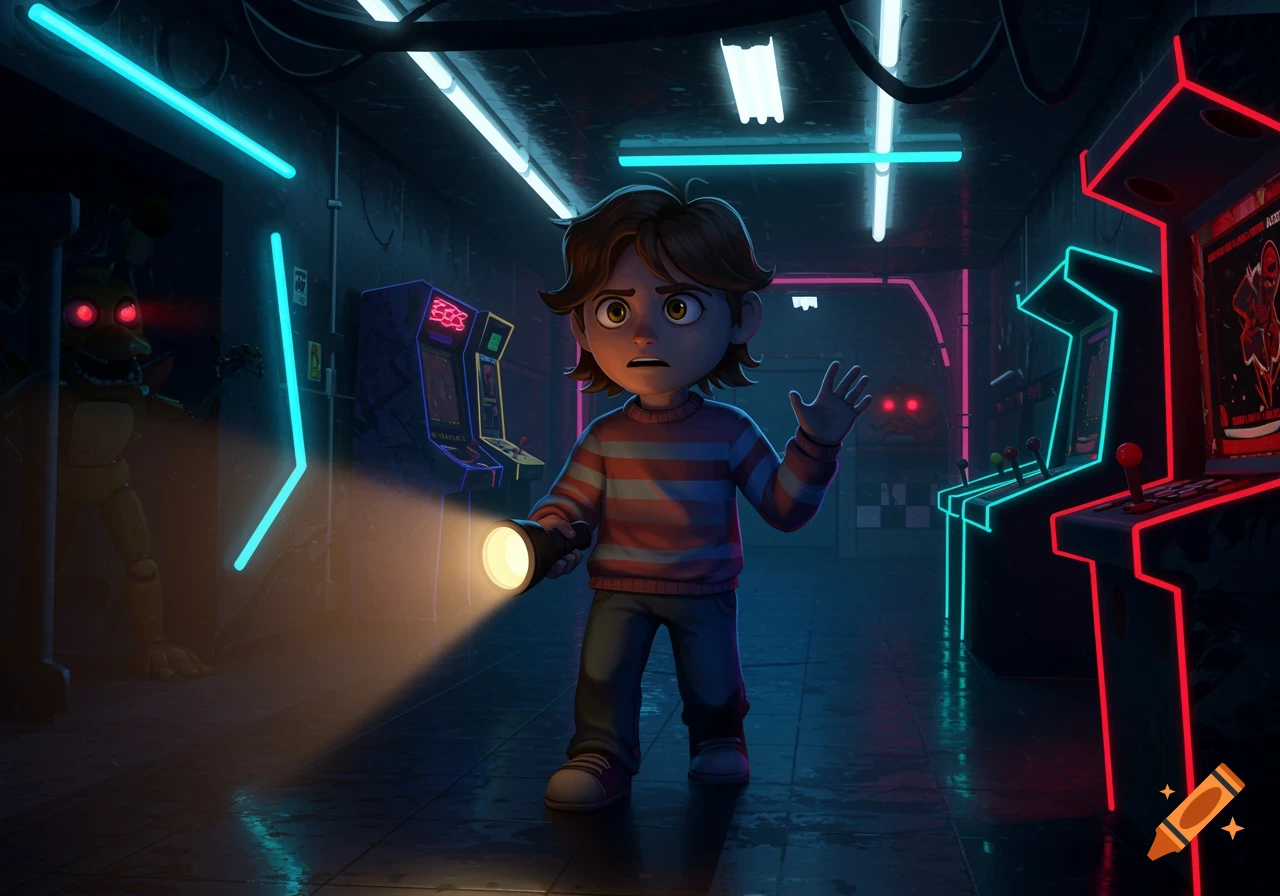 A scared boy with a flashlight stands in a dark, neon-lit arcade. An animatronic with glowing red eyes is visible in the background.