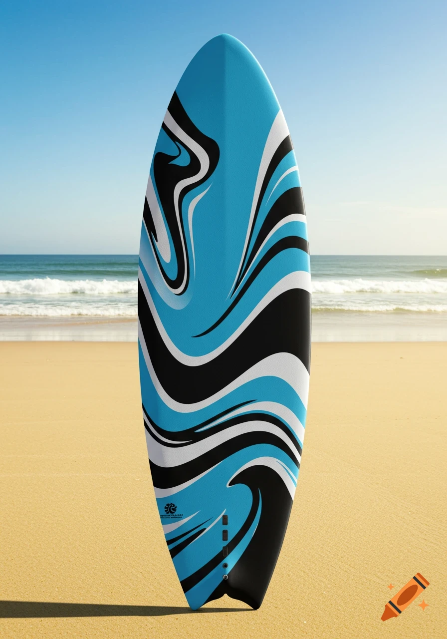 A blue, black, and white surfboard with abstract wave patterns stands upright on a sandy beach.