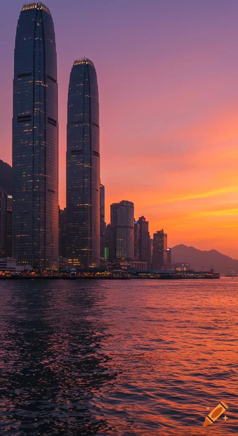 Photorealistic vertical shot of two tall skyscrapers in Victoria Harbour, Hong Kong, at sunset, with colorful sky reflecting on water.