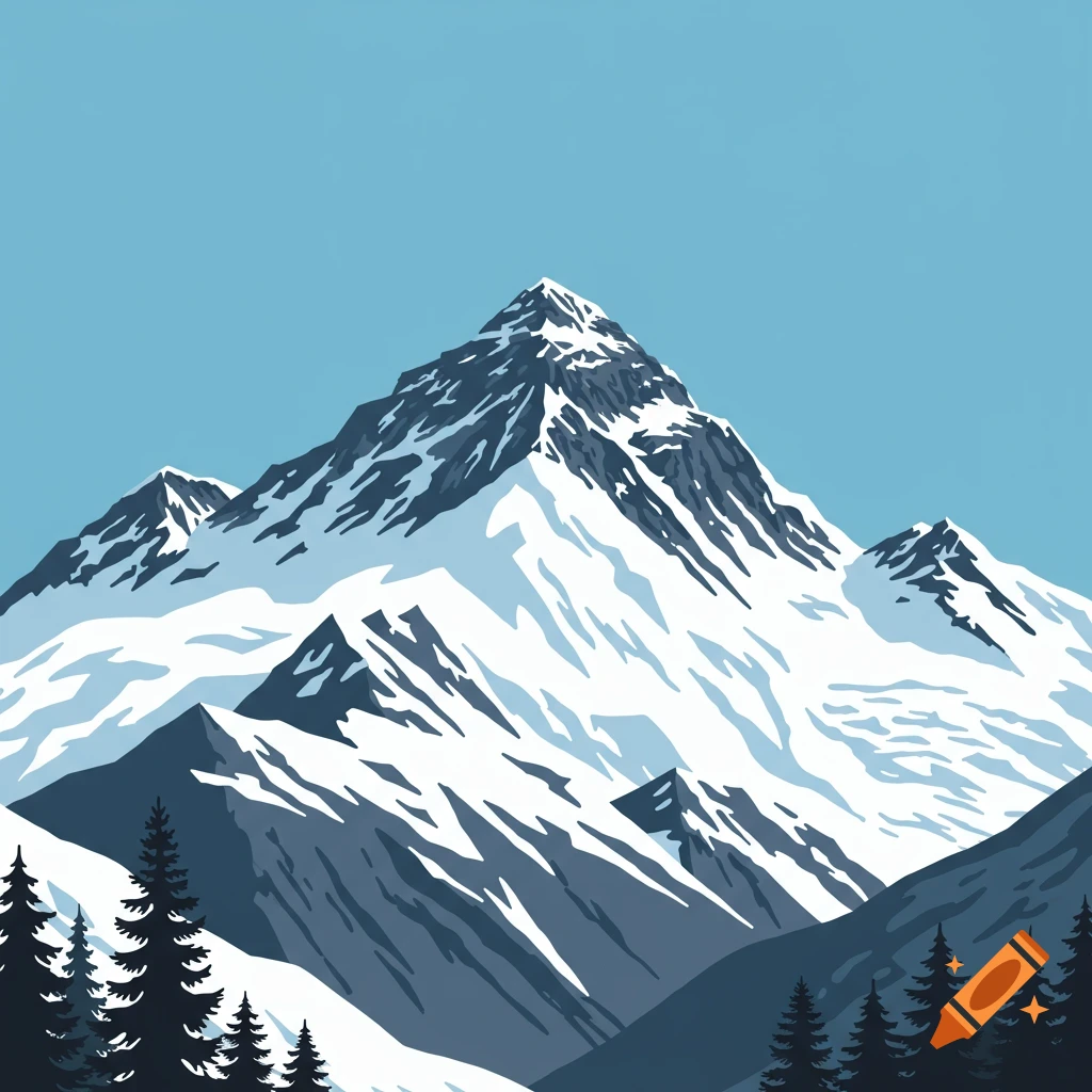 A stylized clip art drawing of snow-capped mountains with evergreen trees under a blue sky.