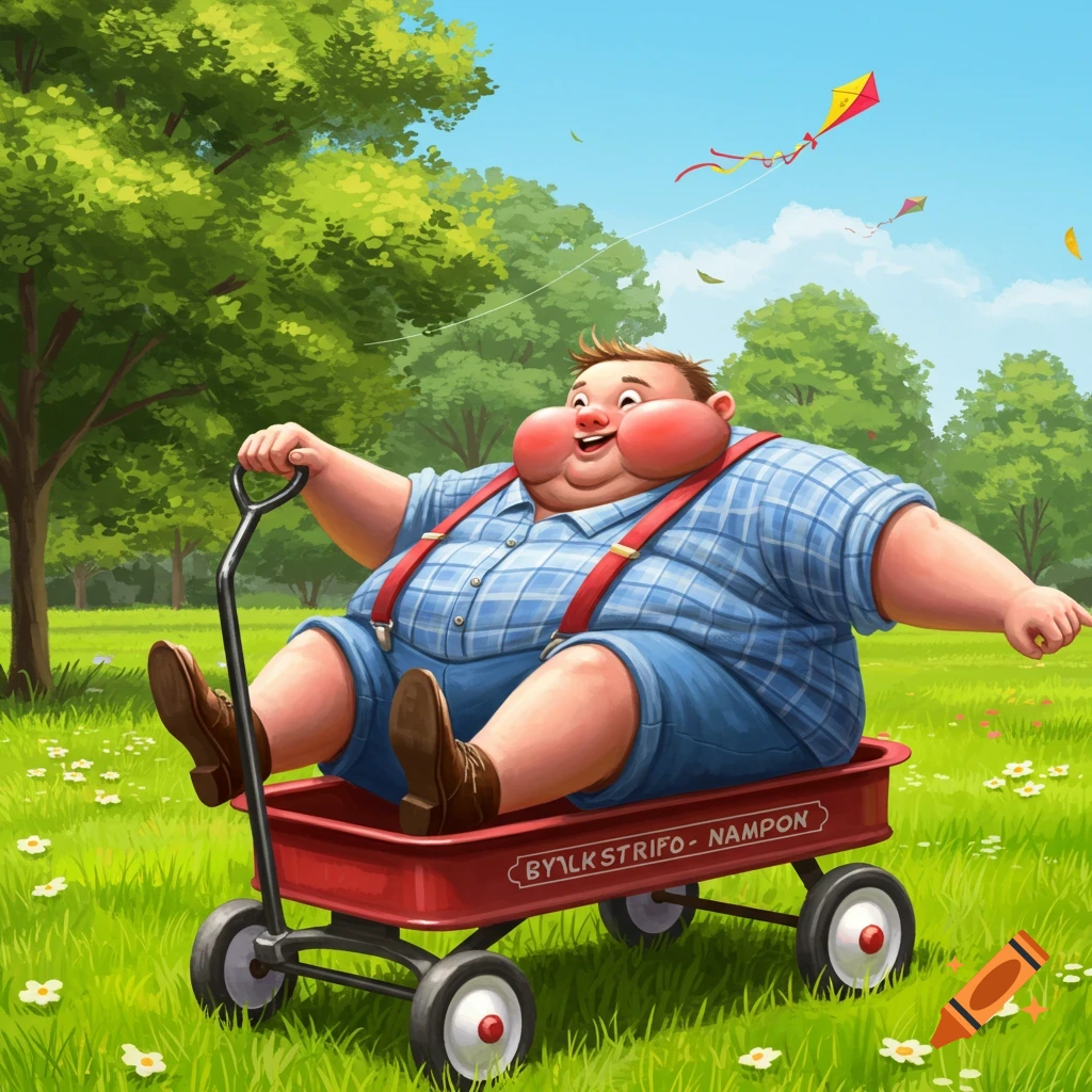A portly, smiling cartoon man with rosy cheeks sits in a red wagon in a grassy park with trees and kites.