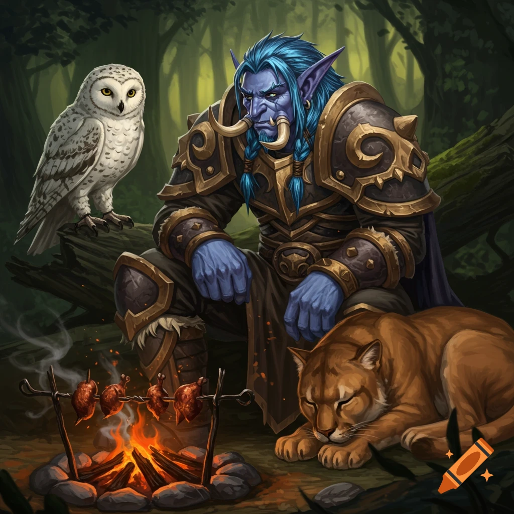 A blue troll hunter, an owl, and a sleeping mountain lion sit around a campfire in a forest, roasting quail.