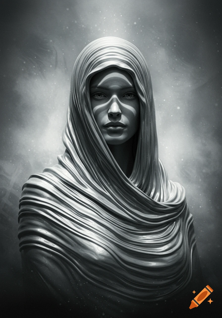 A monochromatic portrait of a woman with her head and body wrapped in flowing, rippled silver fabric, light casting strong shadows on her face.