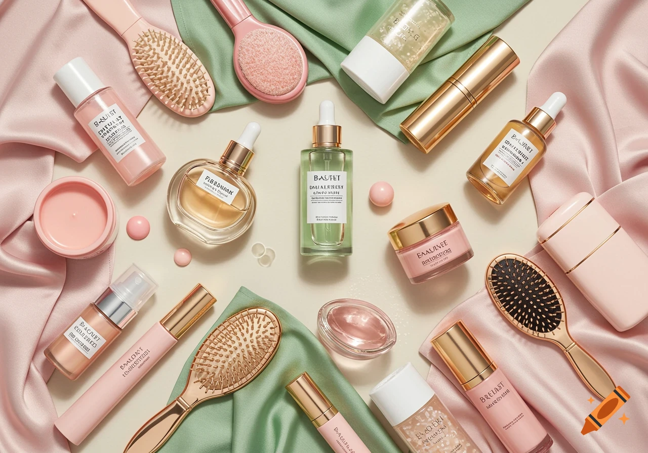 A flat lay of various pink and gold beauty and grooming products, including brushes, bottles, and jars, arranged on pink and green satin fabric.