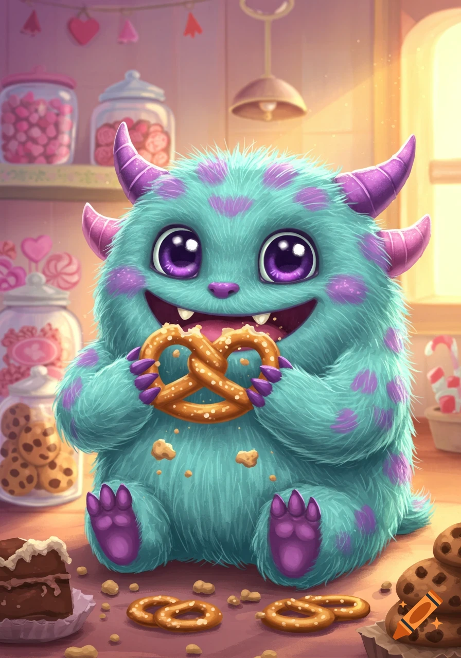 A cute, furry, blue monster with purple horns and spots happily holds and eats a pretzel in a room filled with cookies and candy.
