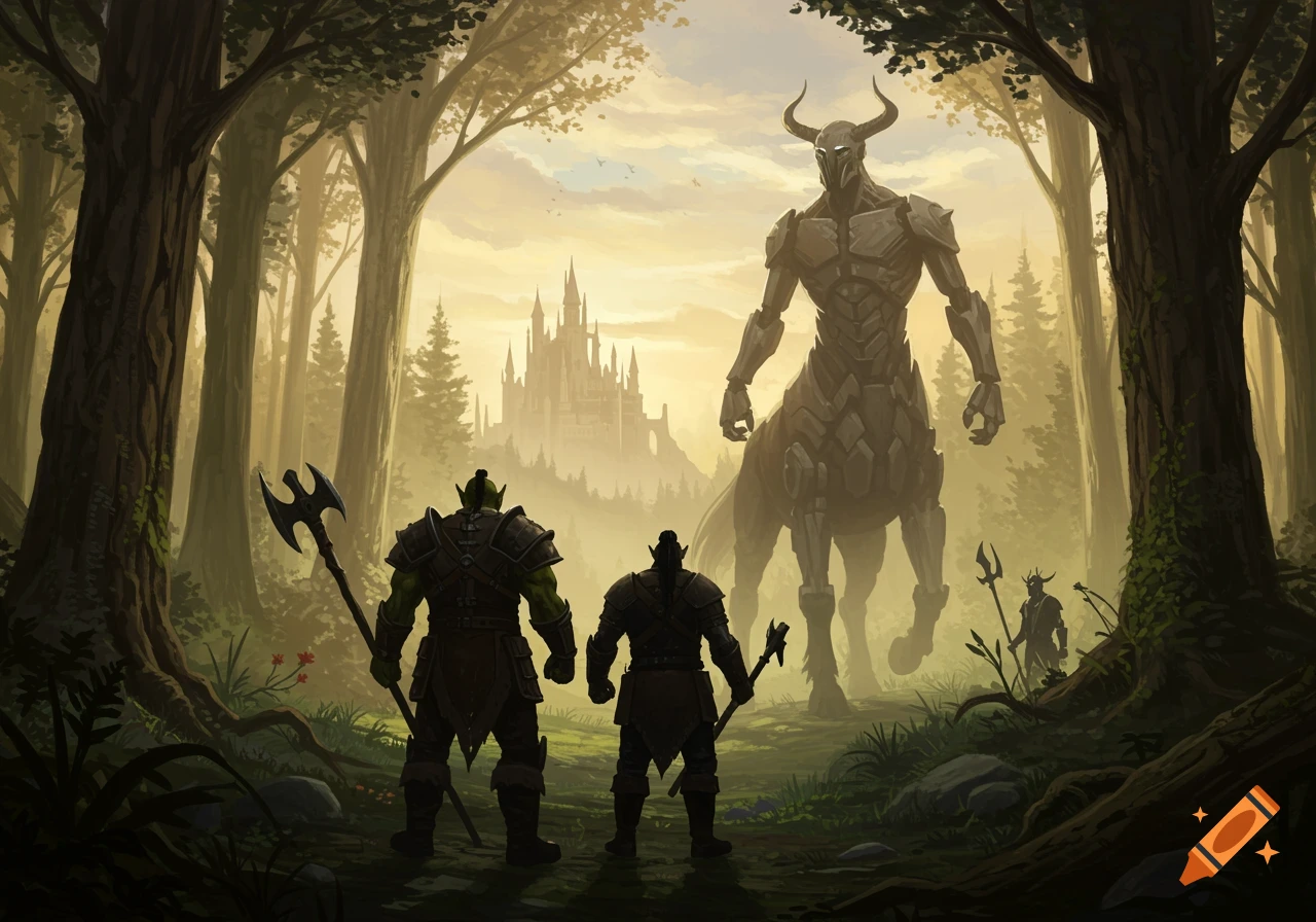 Two orcs stand in a misty forest looking towards a giant armored centaur and a distant castle at sunset.