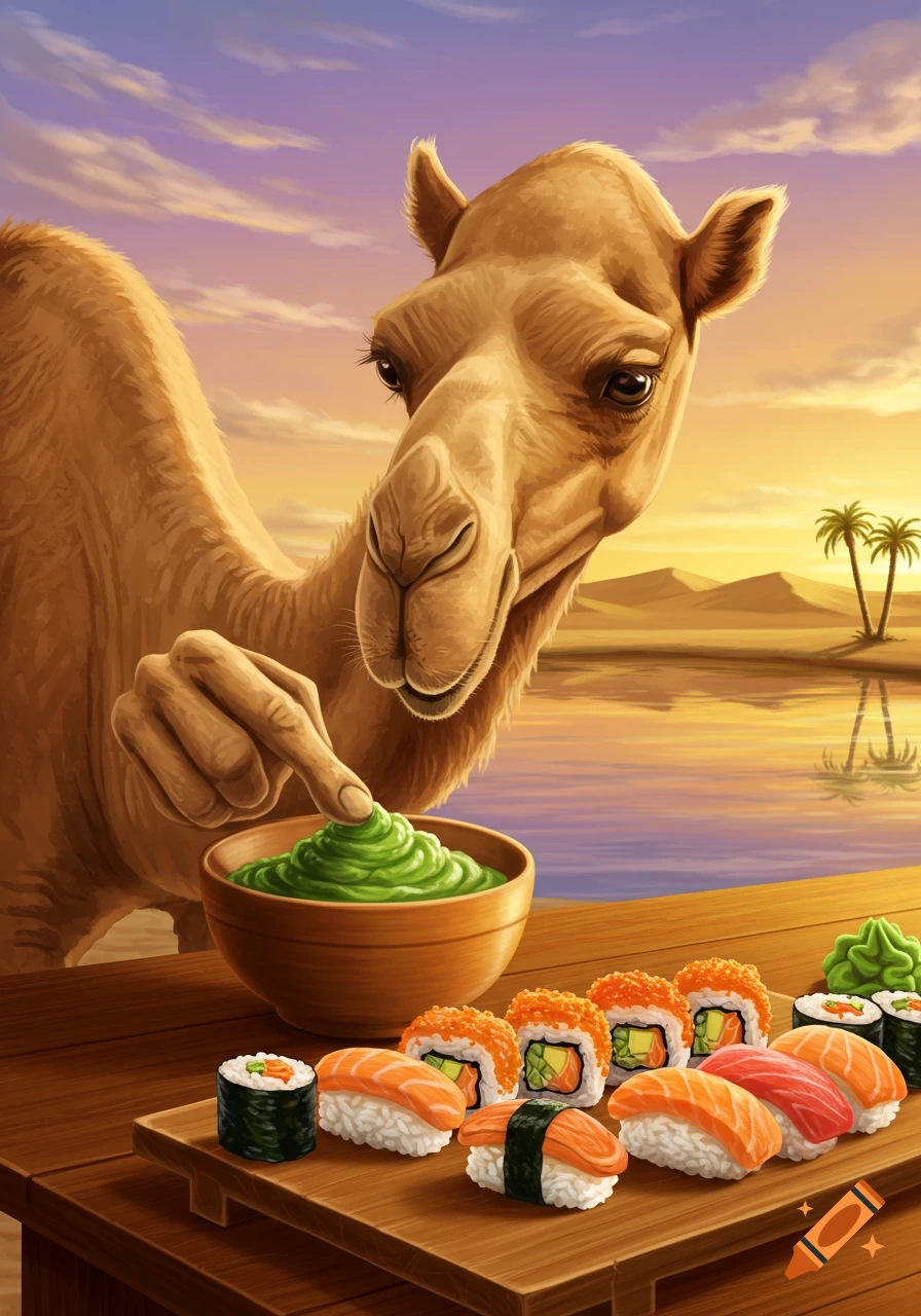 Illustrated camel with a human-like hand dipping a finger into a bowl of wasabi next to a plate of sushi, with a desert oasis background at sunset.