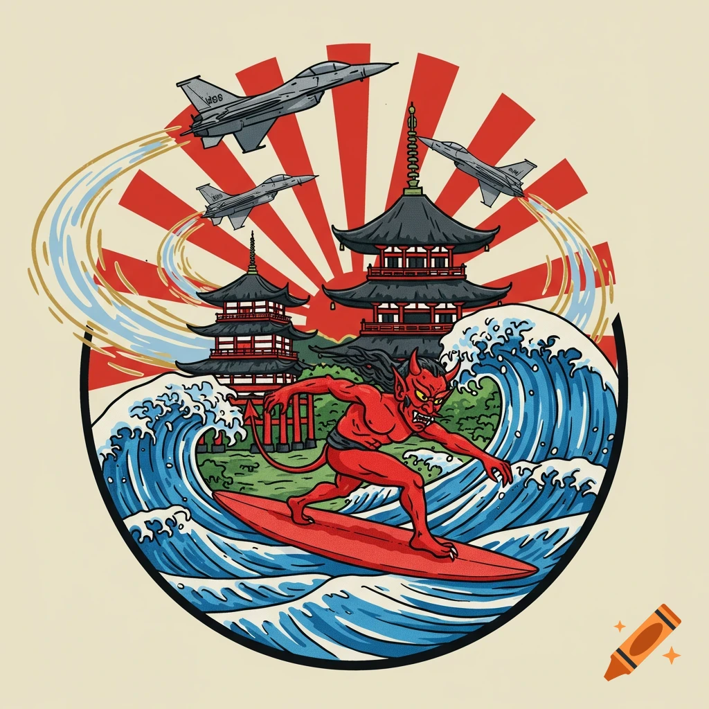 A colorful illustration of a red devil surfing a large wave with traditional Japanese temples, a red sunburst, and two fighter jets in the background.