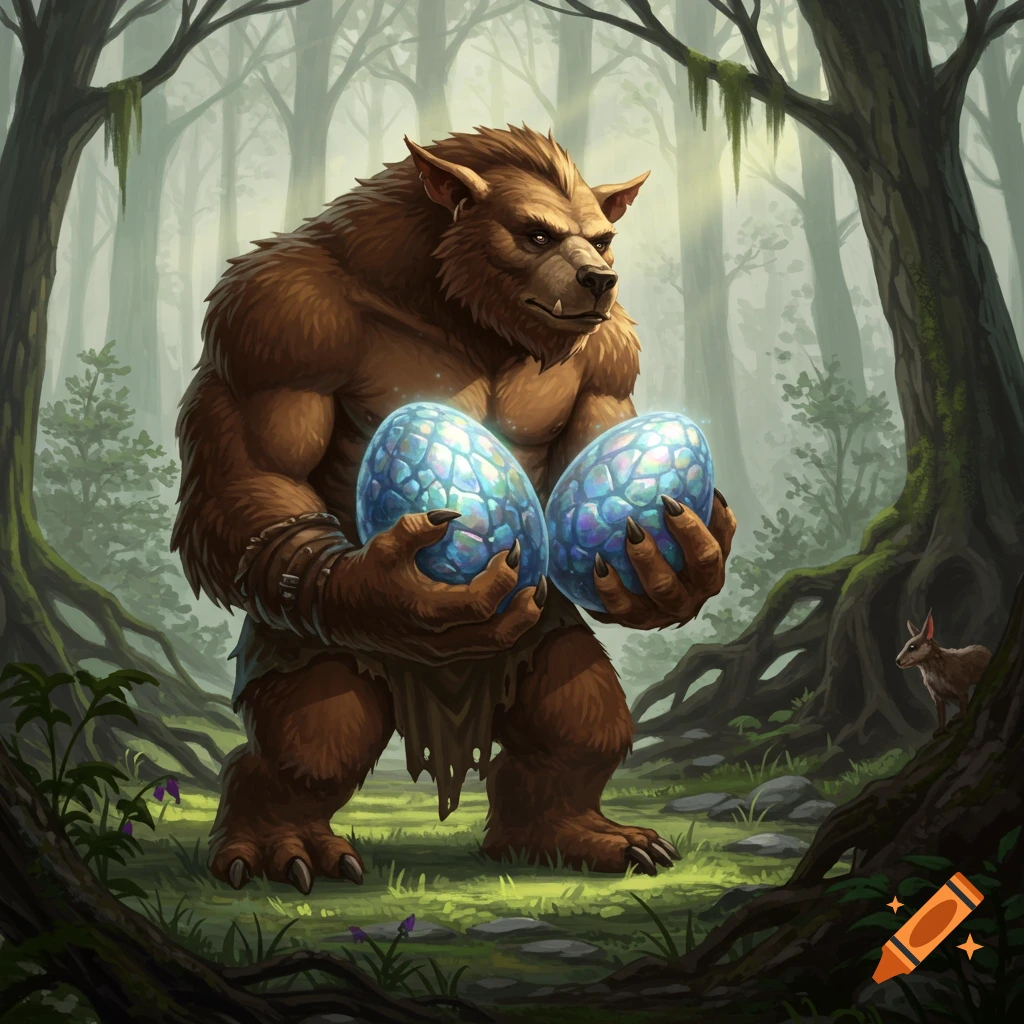 A brown, muscular bugbear stands in a forest, holding two glowing blue and purple scale-patterned dragon eggs.
