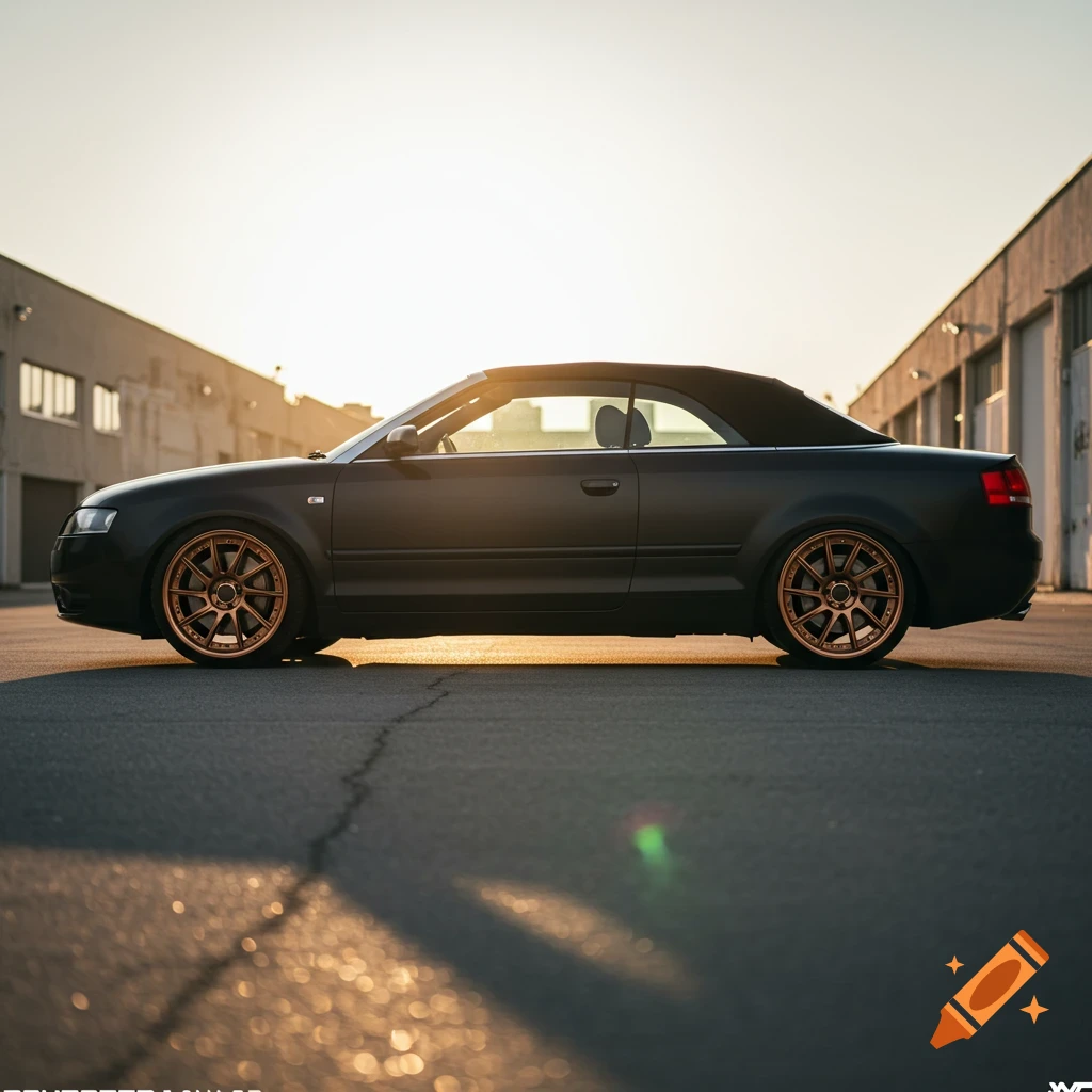 A black Audi A4 convertible with satin body paint and penny copper wheels parked outdoors during golden hour.