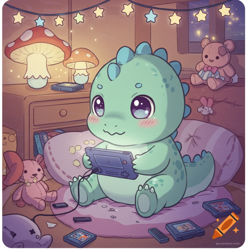 A cute chibi dinosaur plays a video game on a handheld console in a cozy bedroom with mushroom lamps and star lights.