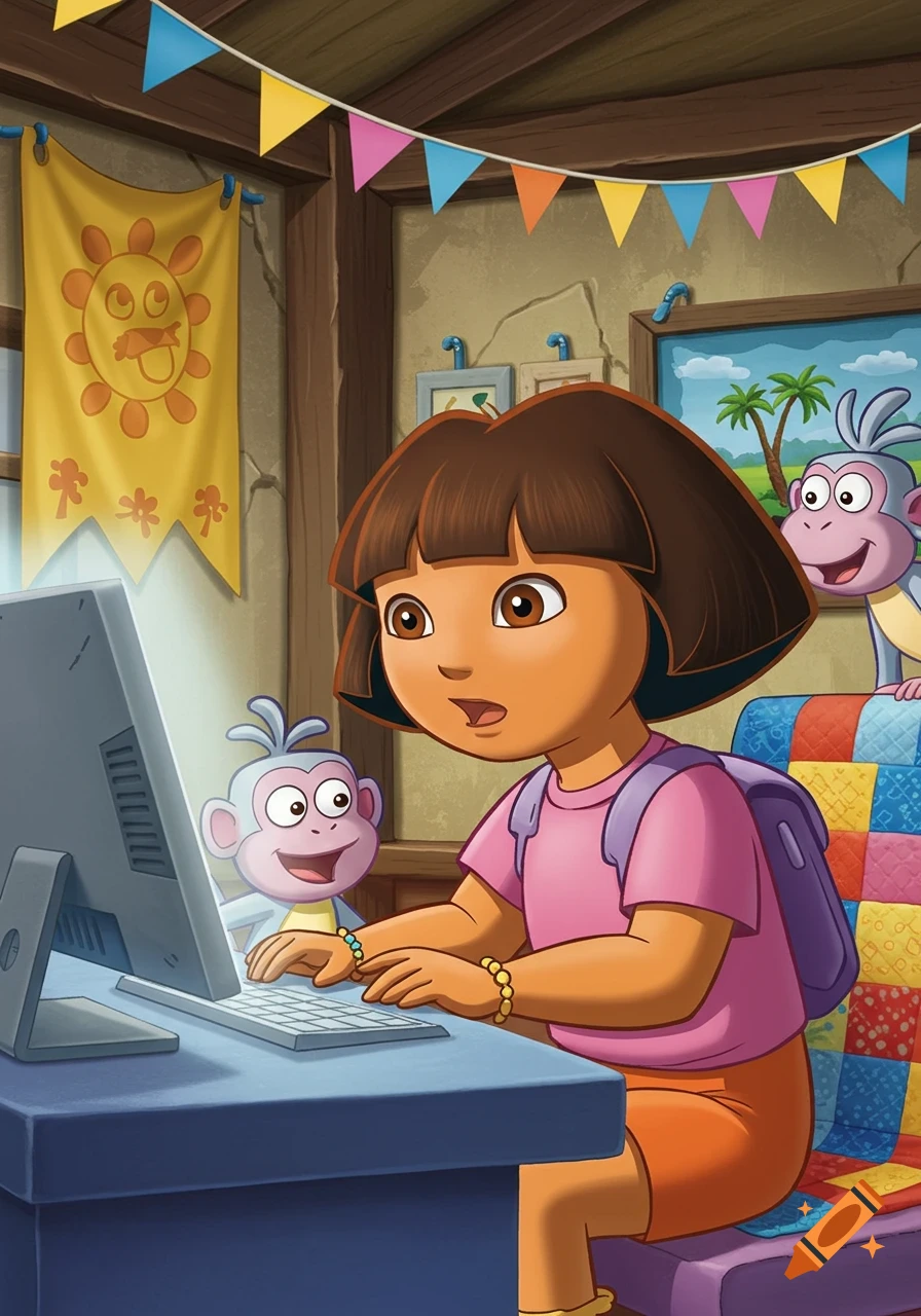 Dora the Explorer and Boots sit at a desk, with Dora typing on a computer and Boots looking over her shoulder.