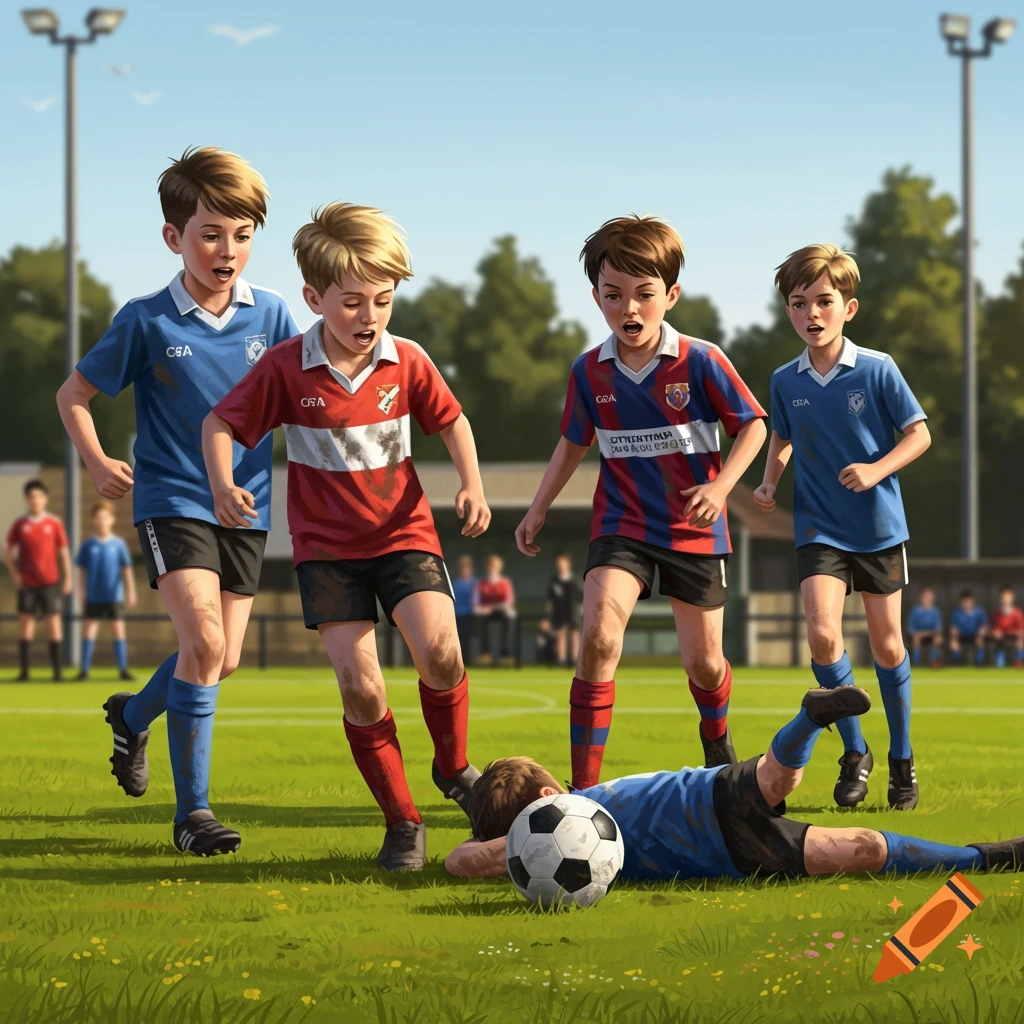 Young boys playing football on a grassy field, one boy has fallen near the ball while others run around him.