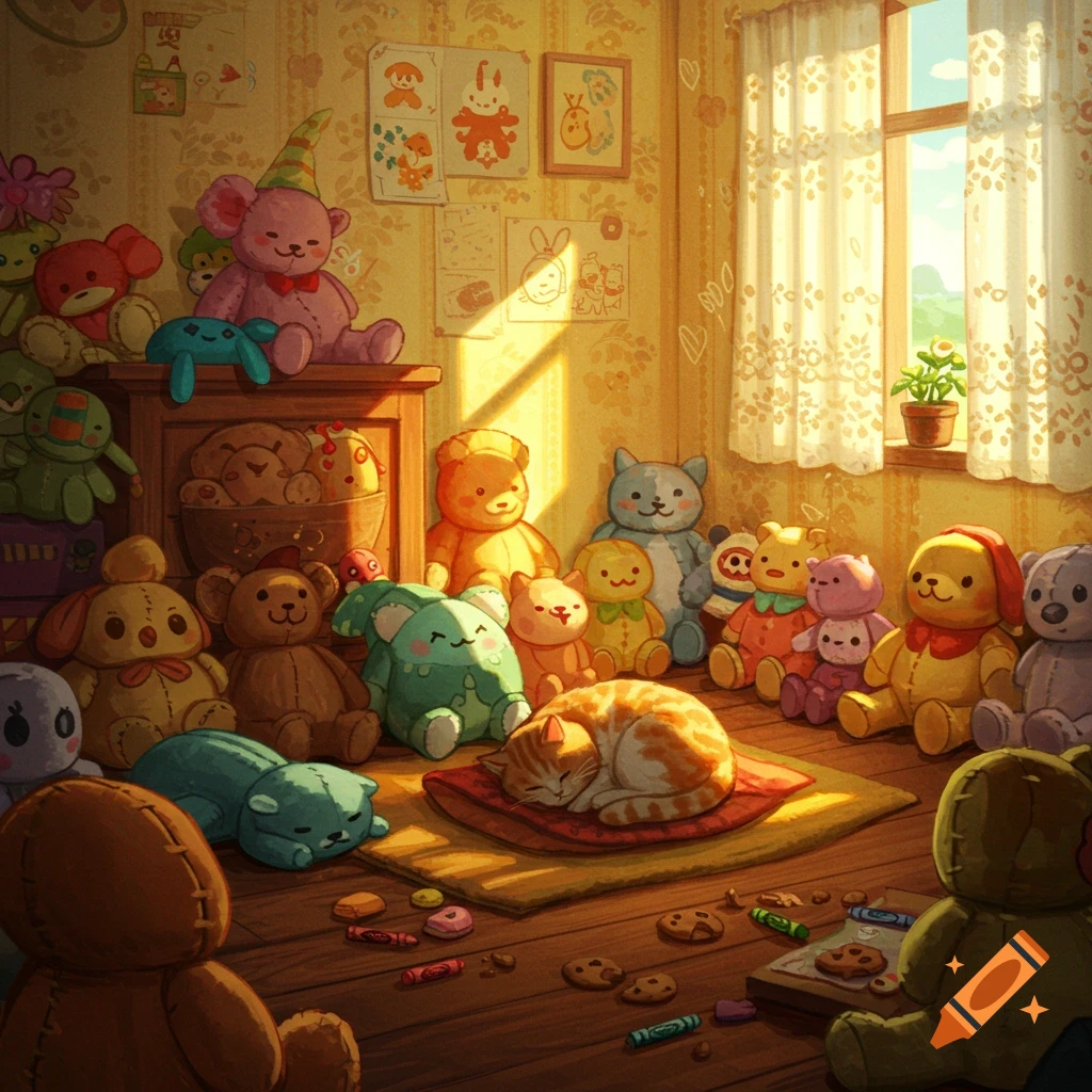 A warm, cozy room filled with many colorful plush toys. A cat sleeps curled up on a mat on the wooden floor. Sunlight streams through a lace-curtained window.