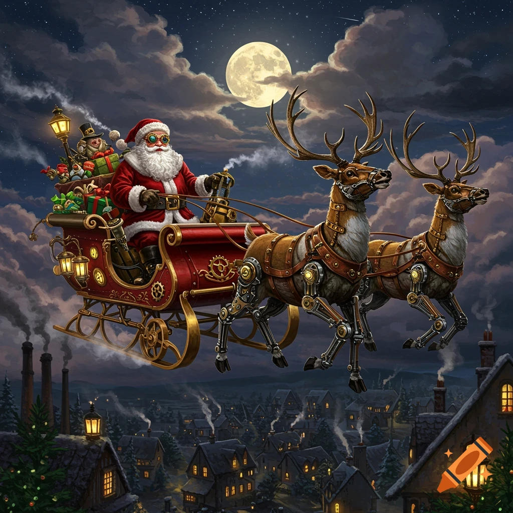 Steampunk Santa Claus in a flying sleigh pulled by mechanical reindeer over a snowy town at night, full moon in sky, detailed illustration.