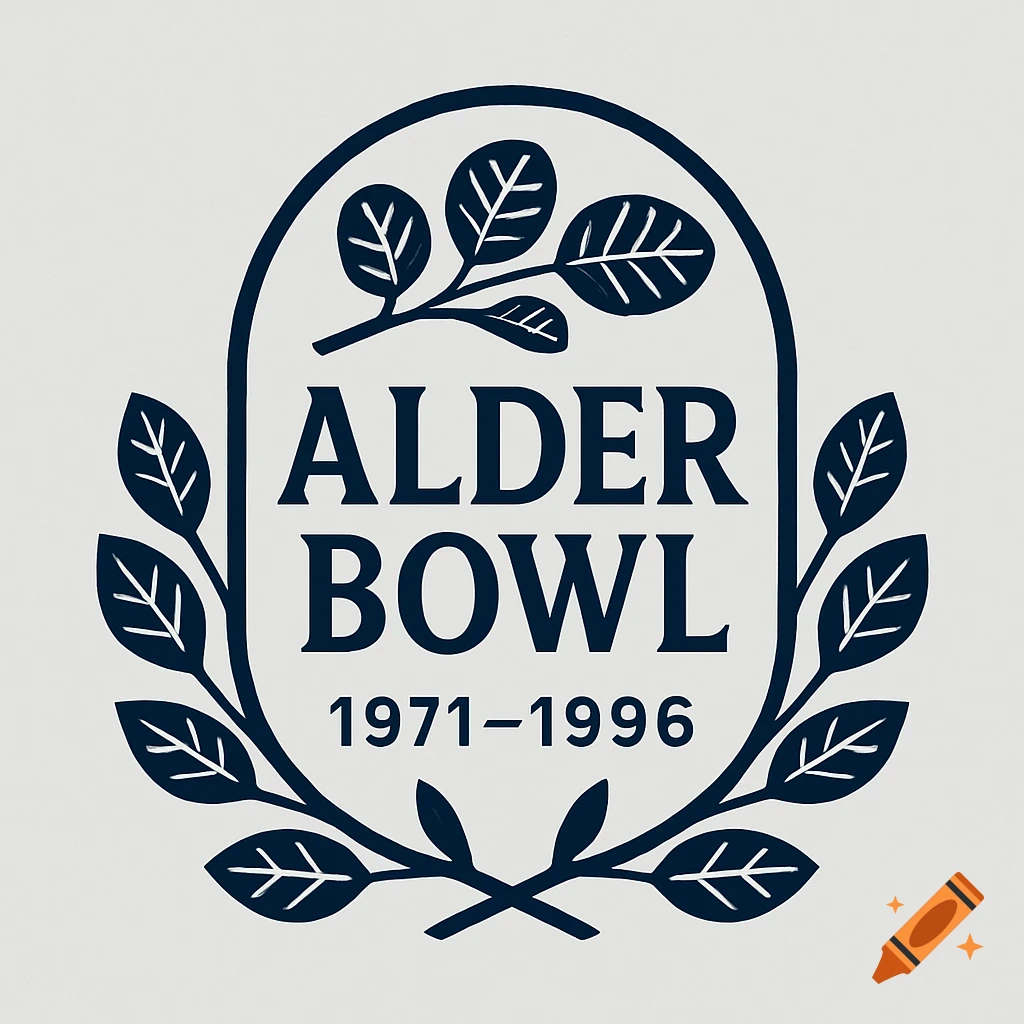 A modern dark blue emblem with an oval outline, an alder branch, and a laurel wreath, featuring 'ALDER BOWL' and '1971-1996'.