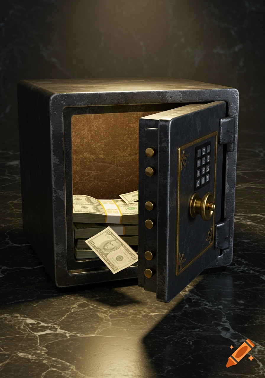 A small, dark, open safe filled with stacks of US dollar bills, sitting on a dark marble surface.