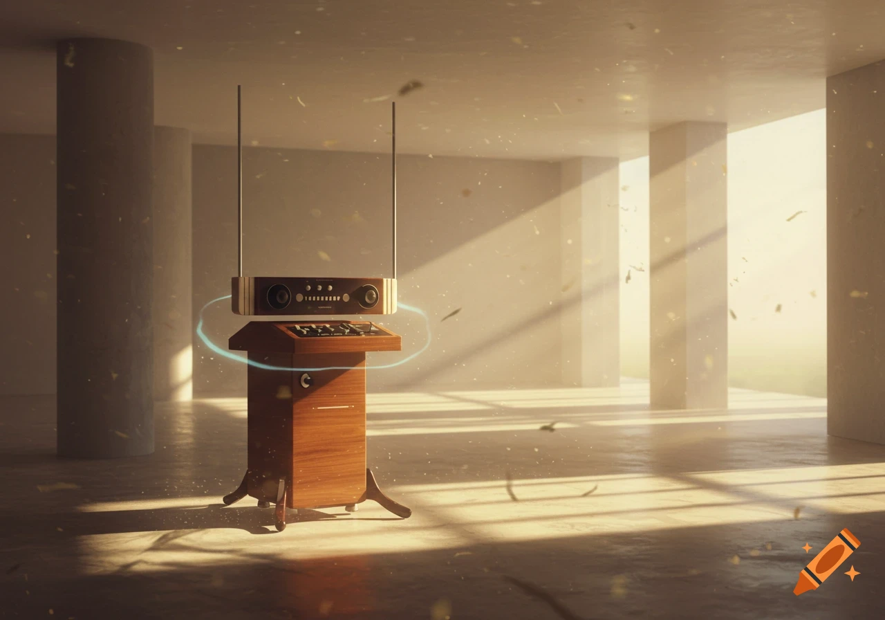 A theremin instrument stands in a minimalist room with pillars, bathed in natural light and dust motes.