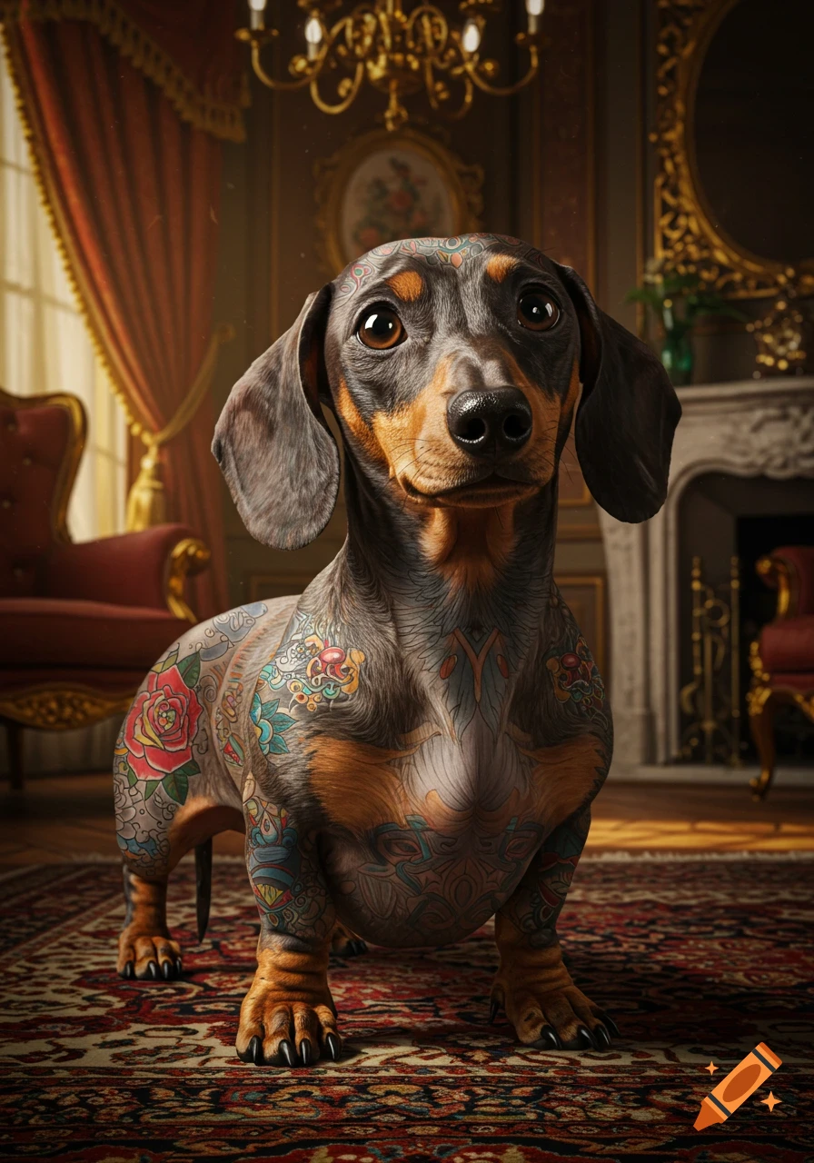 A photorealistic dachshund dog covered in colorful tattoos, standing on a rug in a fancy room.