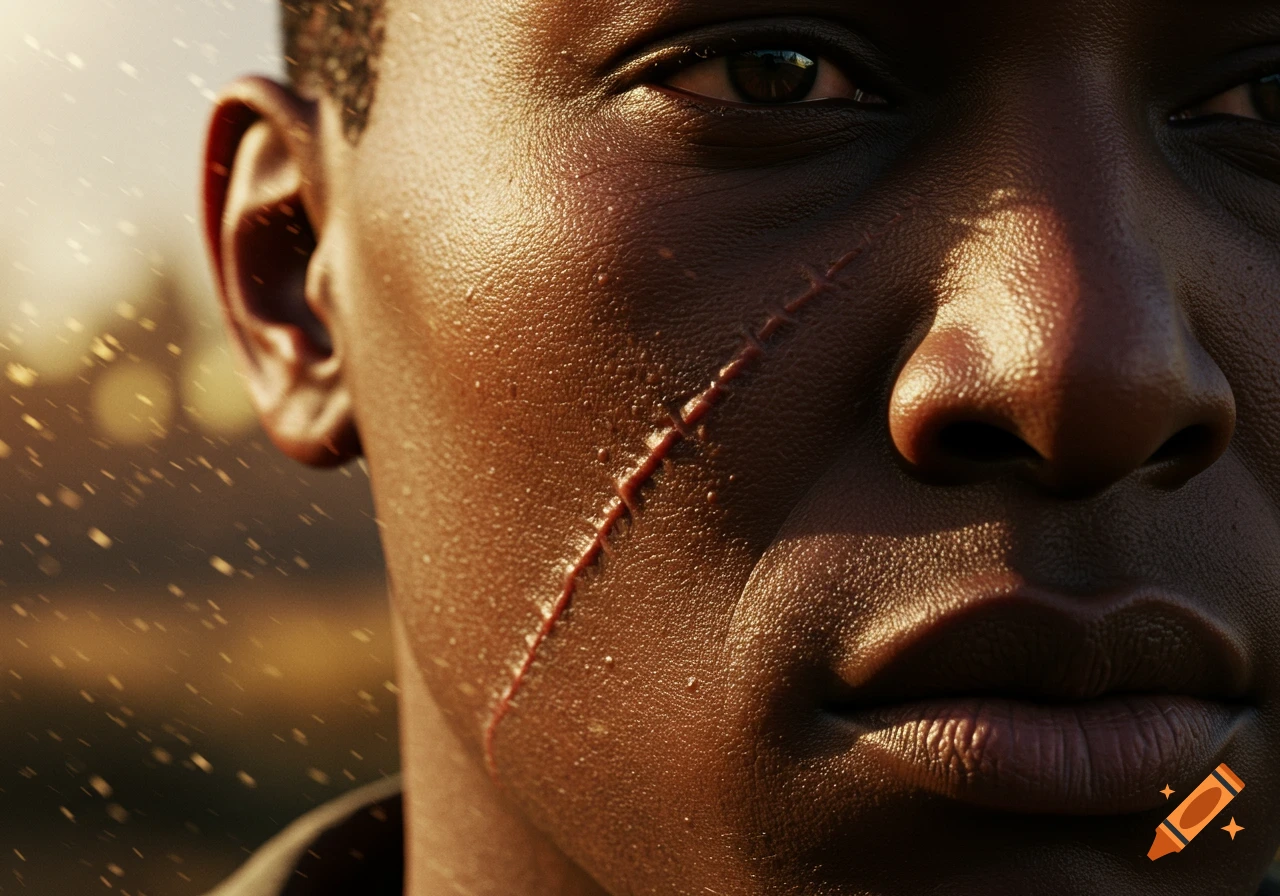 Close-up photorealistic portrait of a person's face with a large scar.